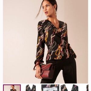 Nine West Black Multicolor Swirl wrap around top